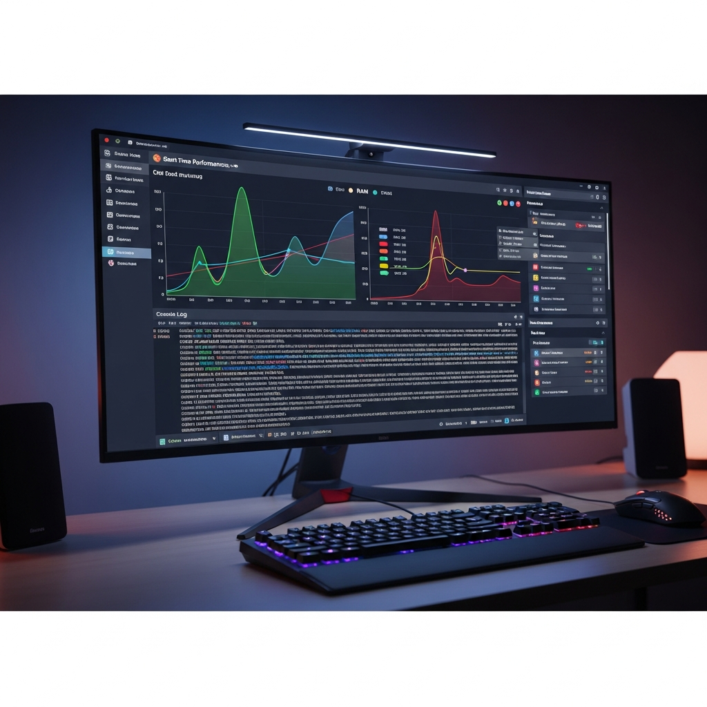 Wide-angle photorealistic screenshot of a modern game server control panel interface on a desktop monitor, displaying real-time performance graphs, server console logs, mod management sections, and colorful status indicators, with a gaming keyboard and mouse in the foreground