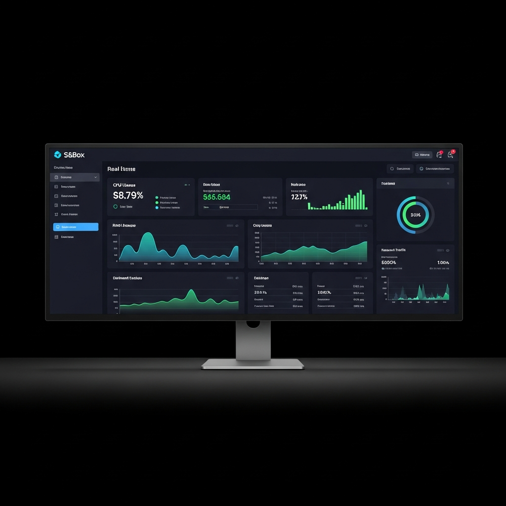 Übersichtliches modernes Webpanel-Interface auf einem ultrabreiten Monitor, Dashboard mit Echtzeit-Statistiken für CPU-Auslastung, RAM-Nutzung und Netzwerkverkehr eines S&Box-Servers, dunkles UI-Design mit grünen und blauen Akzenten, fotorealistisch, professionelle Beleuchtung