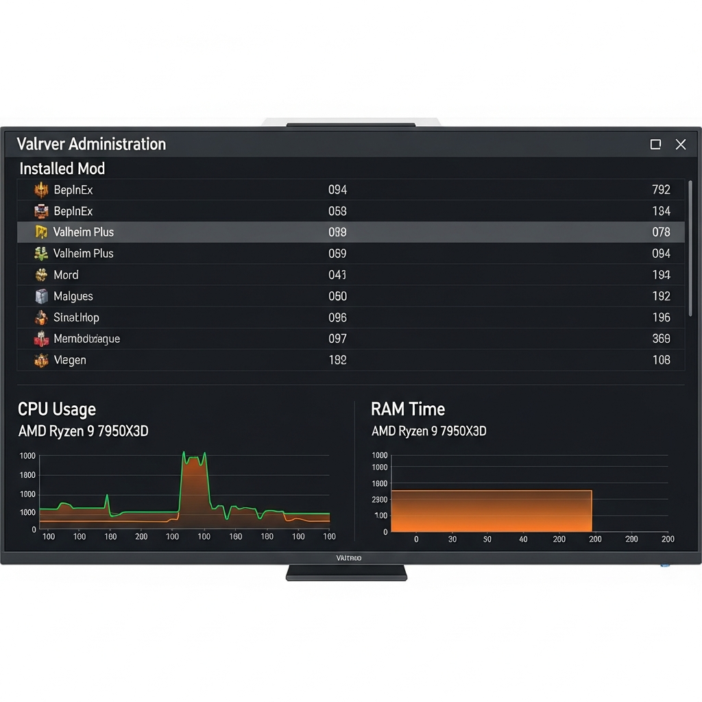 captura de pantalla fotorrealista del panel de administración de servidor Valheim mostrando lista de mods instalados con BepInEx y Valheim Plus, con estadísticas de uso de CPU y RAM en tiempo real en un servidor AMD Ryzen 9 7950X3D