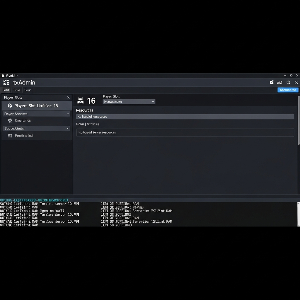 capture d'écran photoréaliste du panel txAdmin d'un serveur FiveM gratuit, interface sombre, limitation visible à 16 slots joueurs, section ressources vide, console affichant des warnings de RAM insuffisante, ambiance réaliste de test en développement