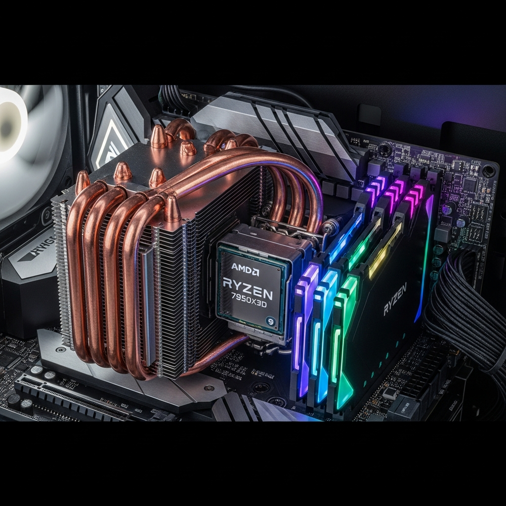 close-up of a modern AMD Ryzen 9 7950X3D processor installed on a motherboard with DDR5 RAM modules, vibrant RGB lighting, and visible heat-pipe cooler in a clean server chassis