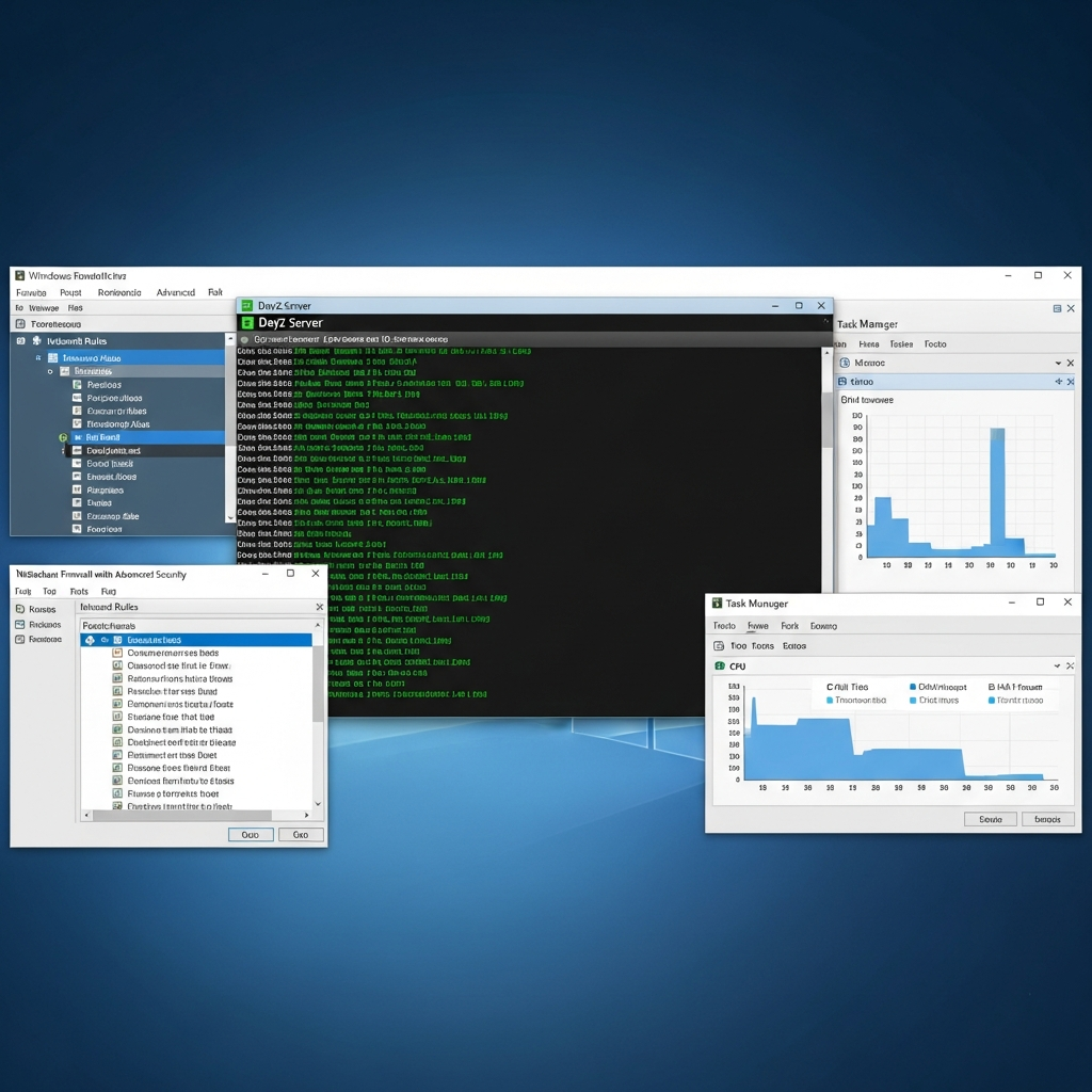 close-up screenshot of Windows Server desktop showing DayZ Server console window with green text logs, Task Manager displaying CPU and RAM usage graphs, and Windows Firewall Advanced Security interface with port rules configured