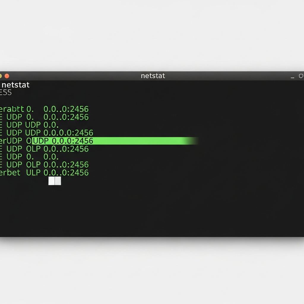 Écran photoréaliste d'un terminal Linux affichant la sortie de la commande netstat avec plusieurs lignes de connexions réseau, ligne UDP 0.0.0.0:2456 surlignée en vert, fond noir du terminal avec texte vert fluo style hacker, interface moderne de distribution Ubuntu