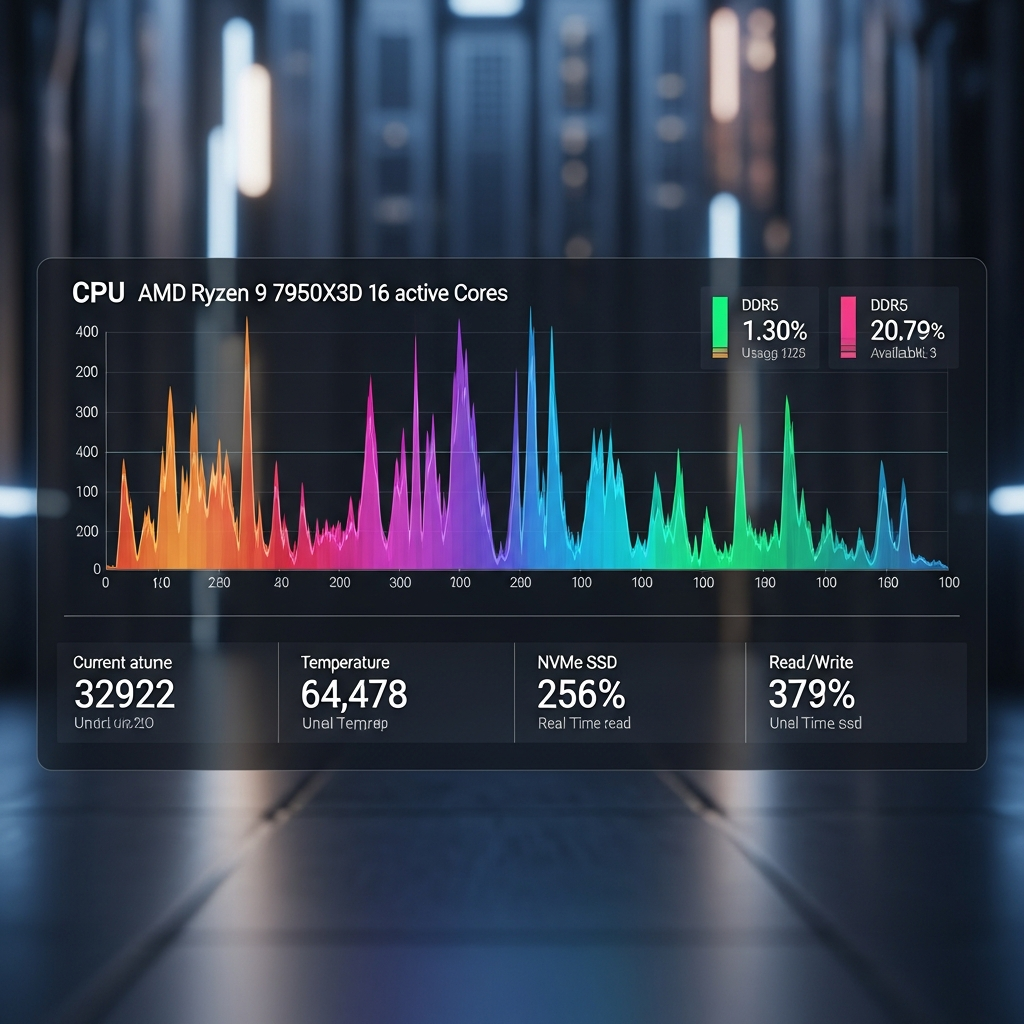 dashboard fotorrealista de monitoreo de rendimiento de servidor Valheim mostrando gráficos de uso de CPU del AMD Ryzen 9 7950X3D con 16 núcleos activos, métricas de RAM DDR5, temperatura y velocidad de lectura/escritura del NVMe SSD en tiempo real