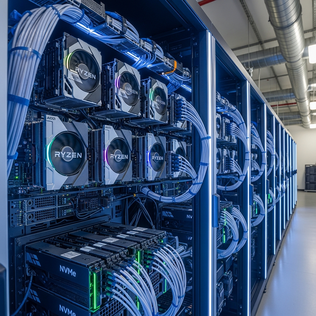 detailed photorealistic data center rack with modern AMD Ryzen processors, RGB-lit server components, fiber optic cables glowing blue, NVMe storage modules clearly visible, clean industrial environment with ambient lighting