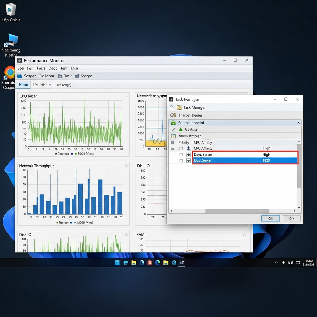 detailed screenshot of Windows Server Performance Monitor displaying real-time graphs for CPU usage per core, network throughput in Mbps, disk I/O operations, and RAM allocation, with DayZ Server process highlighted in Task Manager showing high priority and core affinity settings