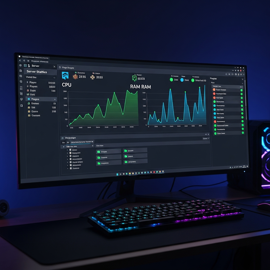 modern dark-themed control panel interface on a desktop monitor showing Minecraft server statistics, CPU and RAM graphs trending upward, colorful plugin list with green status indicators, file manager with config files open, professional gaming setup with mechanical keyboard