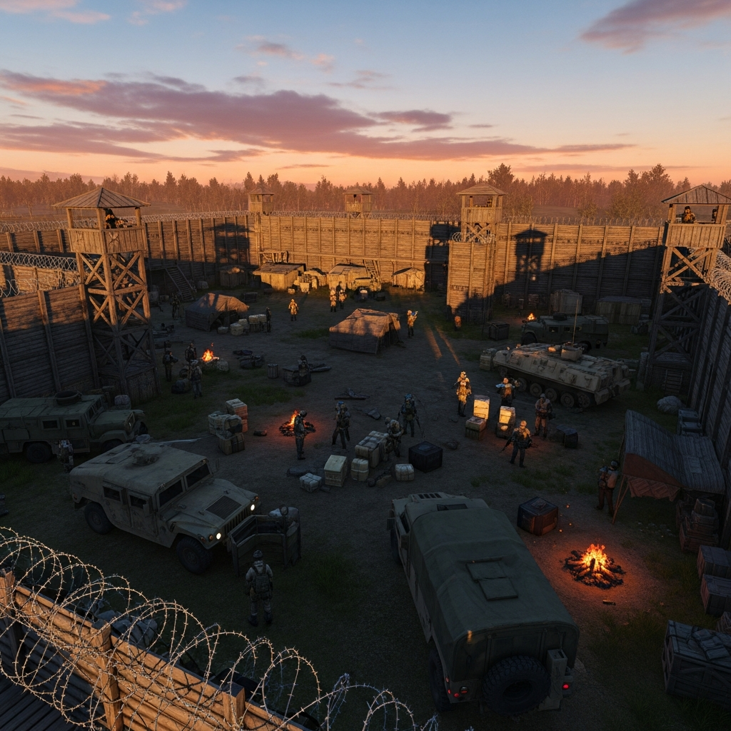 overhead view of a heavily fortified DayZ base with multiple watchtowers, wooden walls, parked military vehicles, players in tactical gear organizing supplies, sunset lighting casting long shadows across the compound