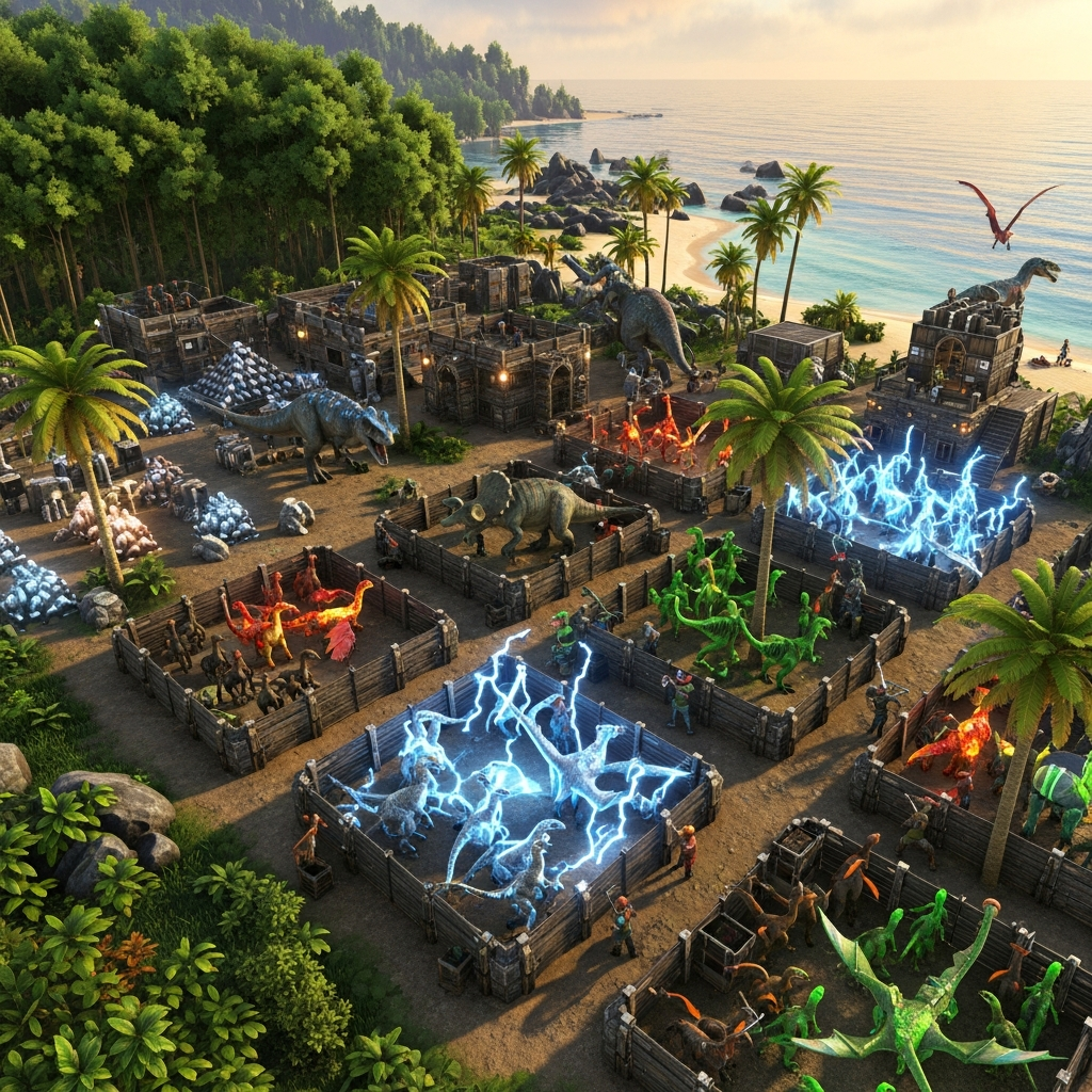 overhead view of an ARK survival evolved base with multiple dinosaurs, breeding pens filled with baby raptors and wyverns, players harvesting resources from metal nodes and trees, vibrant tropical island landscape with ocean in background, realistic game graphics style, golden hour lighting