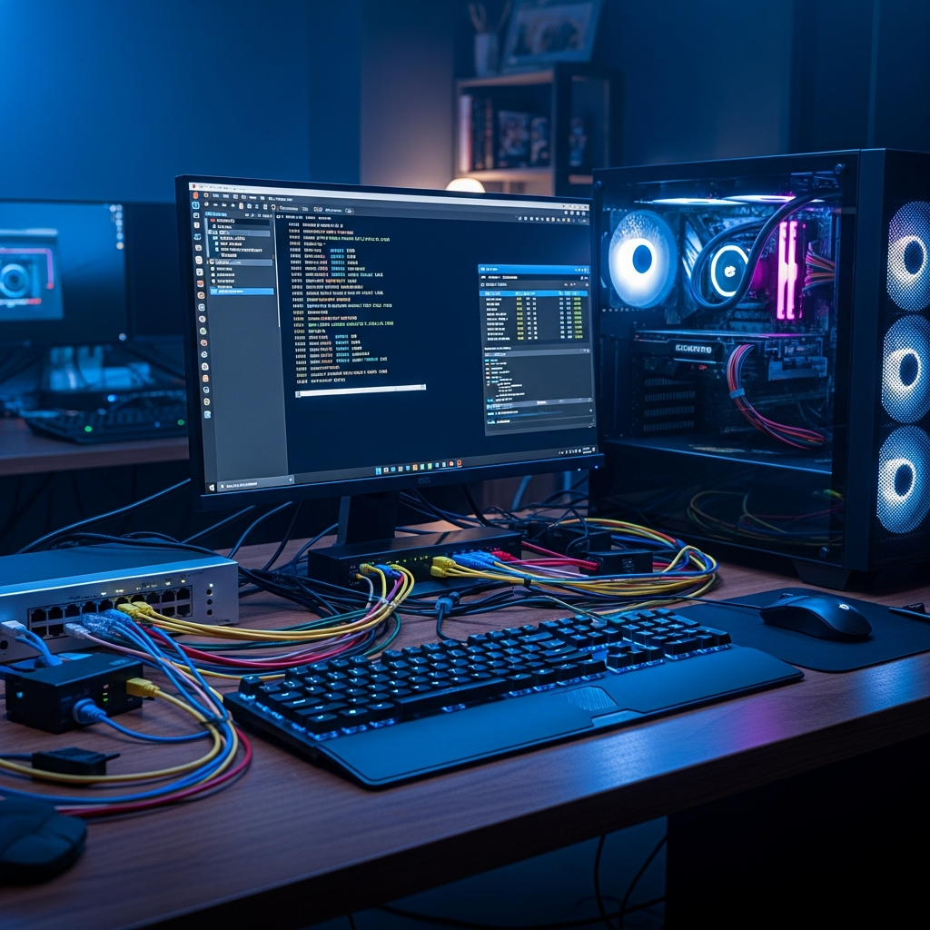 photo photoréaliste d'un setup auto-hébergement FiveM, écran affichant terminal Linux avec txAdmin en cours d'exécution, câbles réseau RJ45 connectés à un switch gigabit, tour PC RGB allumée, clavier mécanique, ambiance bureau développeur réaliste, éclairage LED bleu