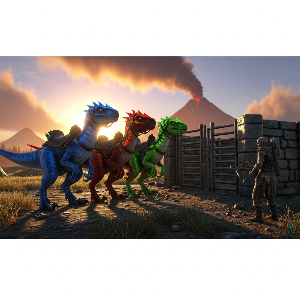 photorealistic ARK scene showing three tamed raptors with colorful saddles standing in a pack formation near a stone taming pen at sunset, with a survivor holding a crossbow, dramatic orange sky and distant volcano