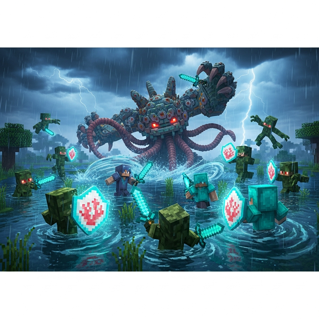 photorealistic Minecraft battle scene depicting a team of players fighting the Elder Guardian Mk. II in Tidal Marshlands, with swirling water whirlpools, Tideweavers attacking from submerged positions, players wielding glowing Coral Shields and Reinforcement Core-enhanced diamond swords under stormy skies
