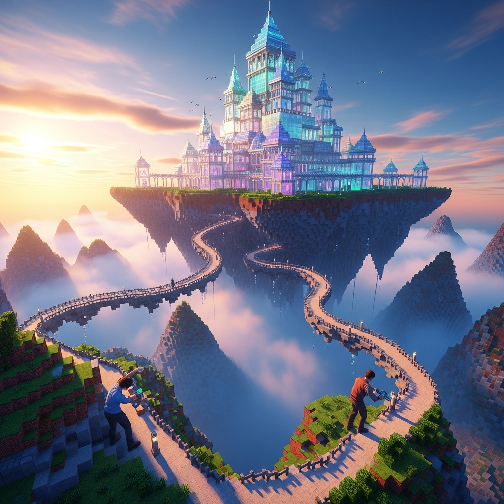 photorealistic Minecraft creative mode build showcasing a massive floating castle constructed with Aerogel Blocks and gradient-textured mountain foundations, surrounded by volumetric fog and RGB torch-lit pathways, with players using Sculpting Tools to refine organic terrain below Skyreach Peaks at sunset