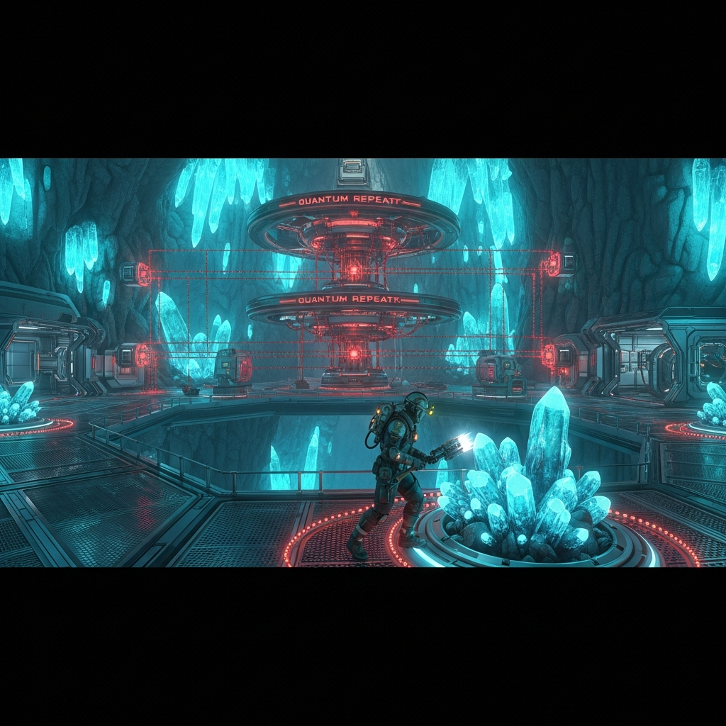 photorealistic Minecraft scene showing a futuristic underground base in Luminous Caverns with glowing crystalline walls, Quantum Repeaters connecting multi-level redstone circuits, and a player character mining bioluminescent crystals surrounded by ambient blue-green light