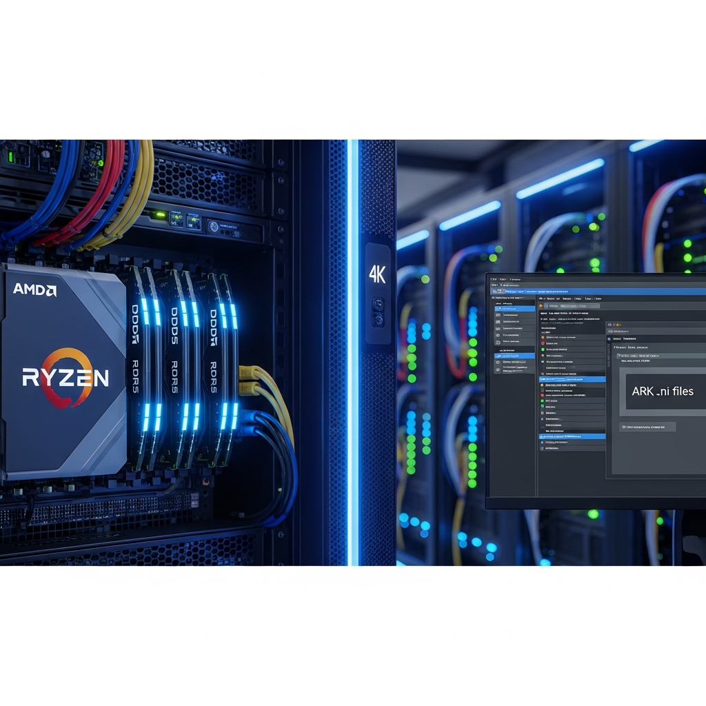 photorealistic close-up shot of a gaming server rack with glowing blue LED indicators, open configuration terminal displaying ARK .ini files on a 4K monitor, server hardware visible with AMD Ryzen processors and DDR5 RAM modules clearly labeled, professional data center environment with cable management