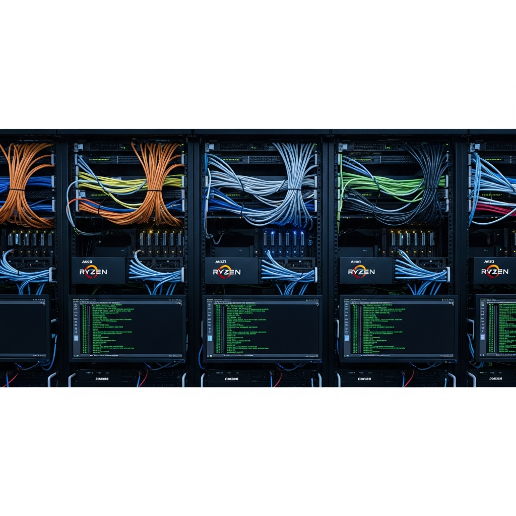photorealistic datacenter server rack with modern LED indicators and cable management, showcasing high-performance AMD Ryzen workstations running Linux terminals with green command-line text on dark screens