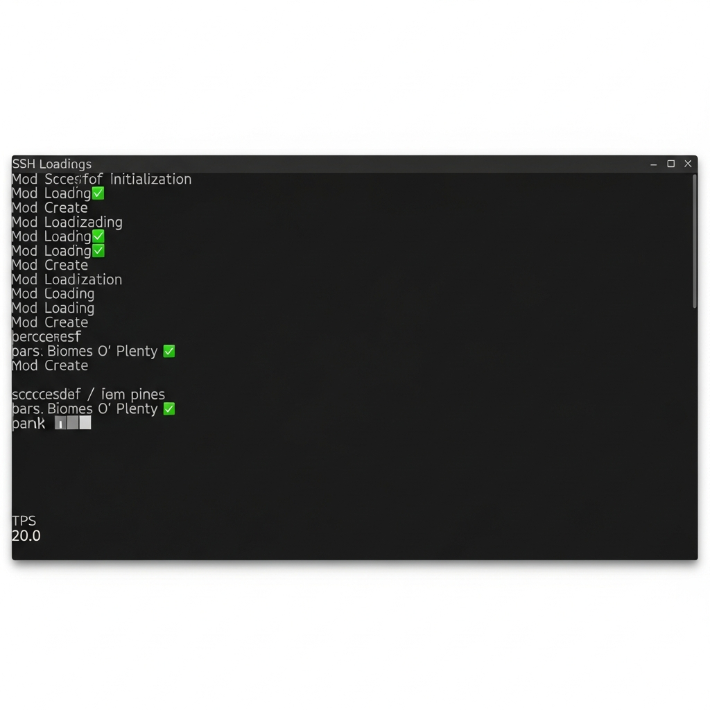 photorealistic image of a Minecraft modded server console running on a Linux terminal showing successful mod initialization logs with green checkmarks, mod names like Create and Biomes O' Plenty loading, and TPS metrics displaying 20.0, with a dark-themed SSH interface