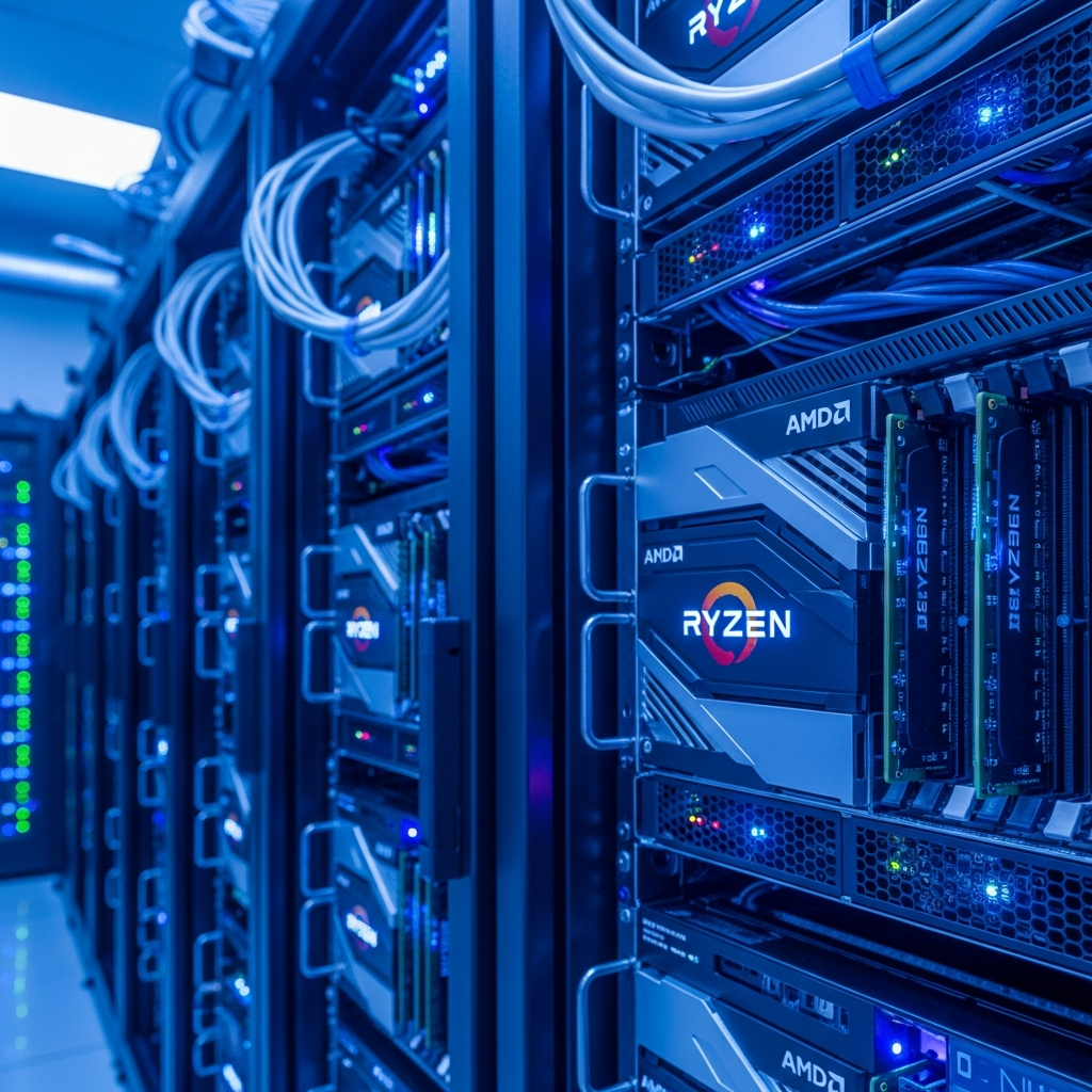photorealistic image of a modern data center server rack with blue LED lighting, focusing on high-performance AMD Ryzen processors and DDR5 RAM modules, professional technology environment