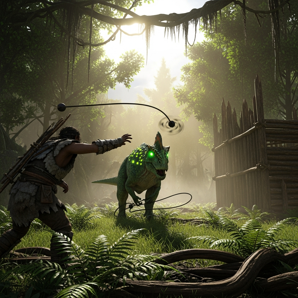 photorealistic scene of a survivor in primitive hide armor using a bola to trap a glowing green-eyed Parasaur in a dense jungle clearing at dawn, wooden taming pen visible in background, ARK Survival Ascended style