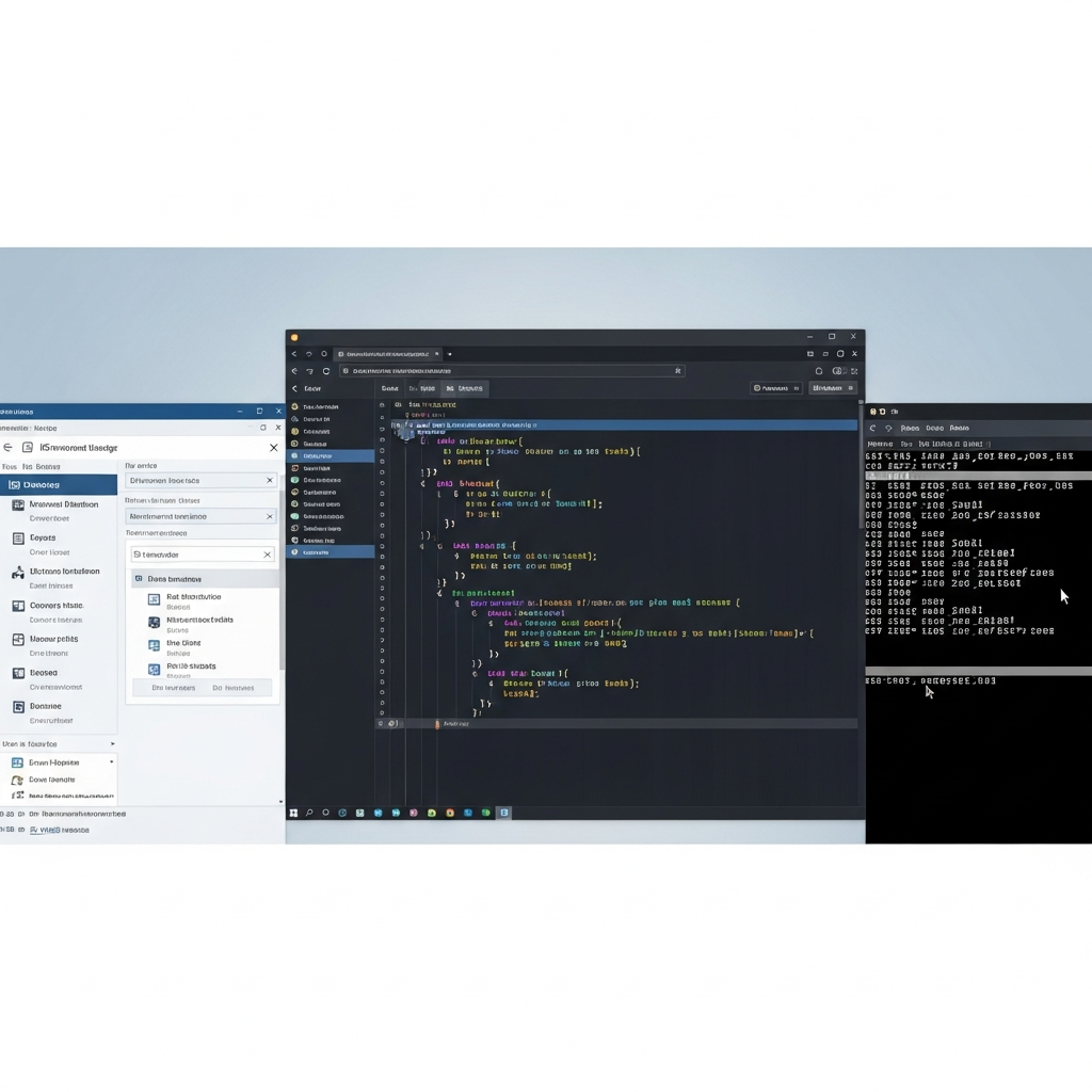 photorealistic screenshot of Windows Server desktop showing Visual Studio Code open with colorful code editor, PowerShell terminal, and IIS Manager interface, professional developer workspace