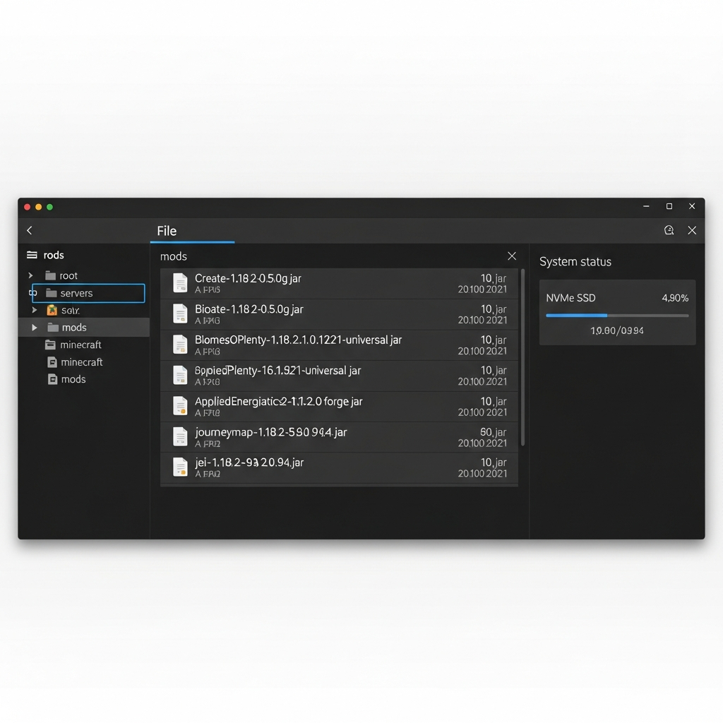 photorealistic screenshot of a Minecraft server file manager interface showing a mods folder with multiple .jar files, including Create, Biomes O' Plenty, and Applied Energistics 2, displayed on a modern control panel with dark mode UI and NVMe SSD storage indicators