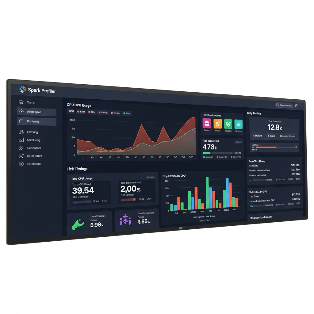 photorealistic screenshot of a Spark profiler web report interface showing detailed CPU usage breakdown, tick timings, and entity profiling data for a modded Minecraft server with color-coded performance graphs and Modern UI design on a high-resolution monitor