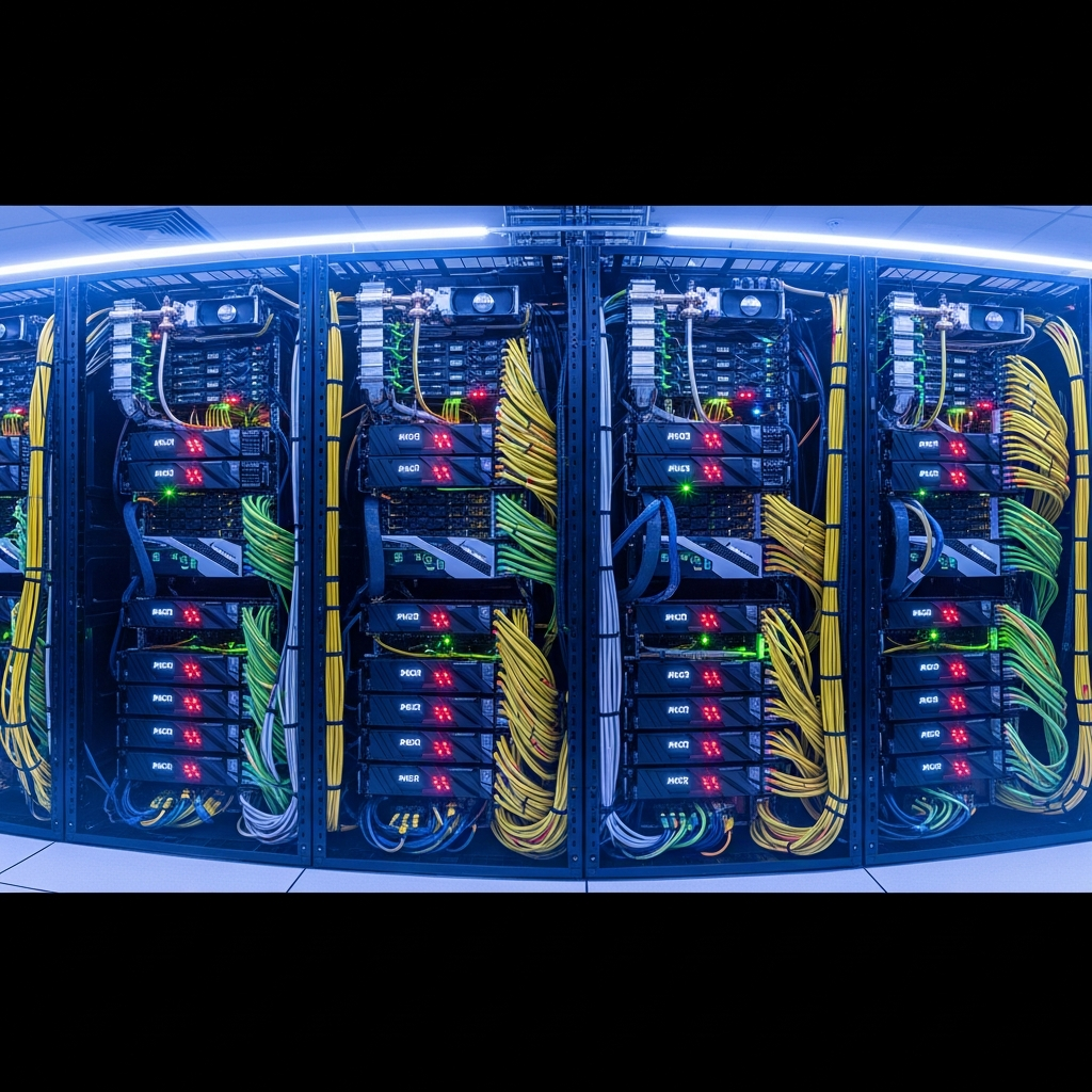 photorealistic server room with racks of high-performance AMD Ryzen processors glowing with LED indicators, cables neatly organized, and cooling systems visible, representing enterprise-grade Windows VPS infrastructure for game hosting