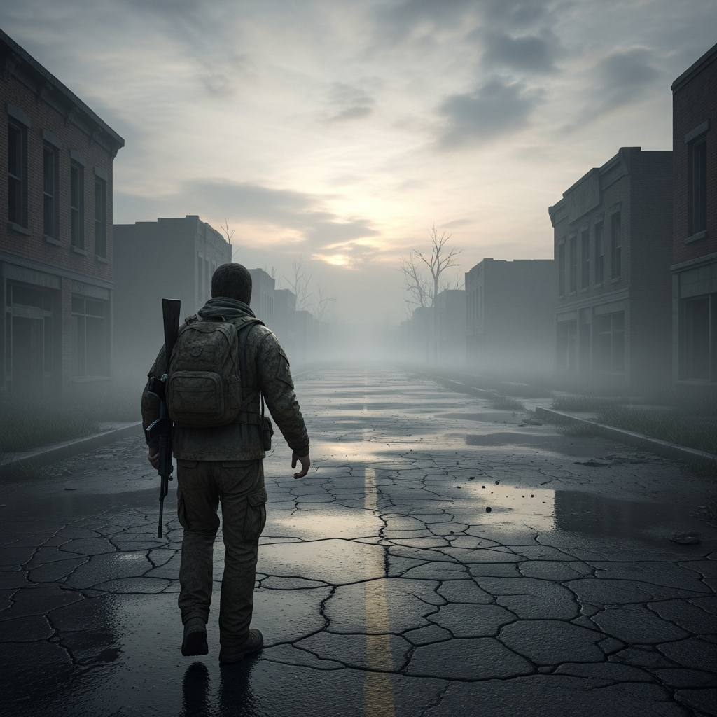 photorealistic view of a lone survivor in DayZ walking through a foggy abandoned town at dawn, wearing worn tactical gear, rifle slung over shoulder, empty streets and dilapidated buildings in the background, moody cinematic lighting