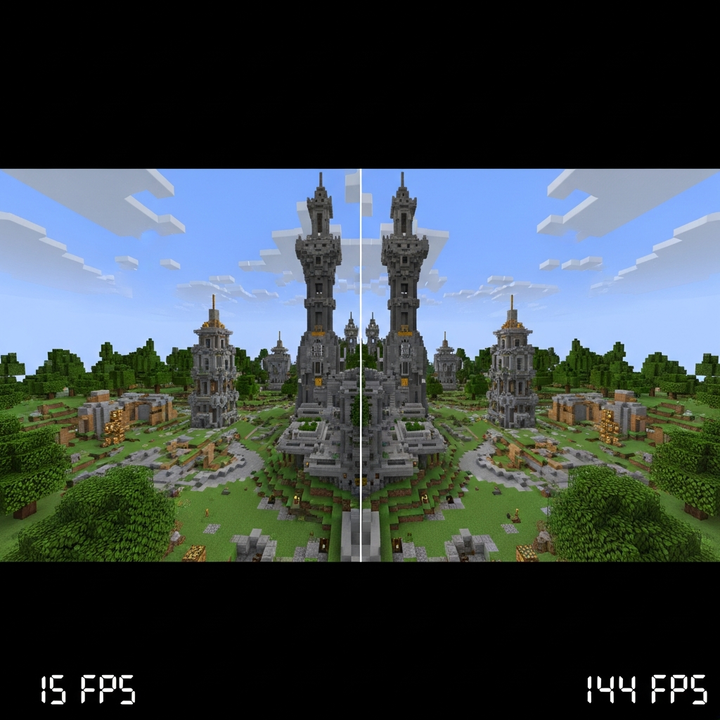 split-screen comparison showing laggy choppy gameplay on left with low FPS counter and stuttering effects versus smooth fluid gameplay on right with high FPS counter, same Minecraft modded scene with shaders and complex builds, dramatic visual difference emphasizing hosting quality impact