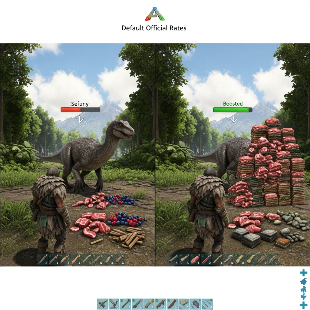 split-screen comparison showing left side with default ARK official rates - slow taming progress bar and small resource pile, right side with boosted rates - rapid taming completion and massive stack of materials, both scenes feature same player character and environment for direct comparison, UI elements clearly visible, high-detail game graphics