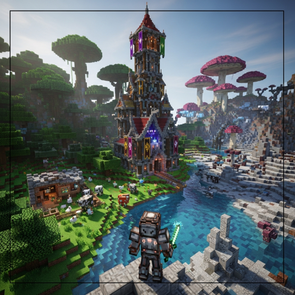 Ilustración inmersiva del tema: servidor Minecraft con mods