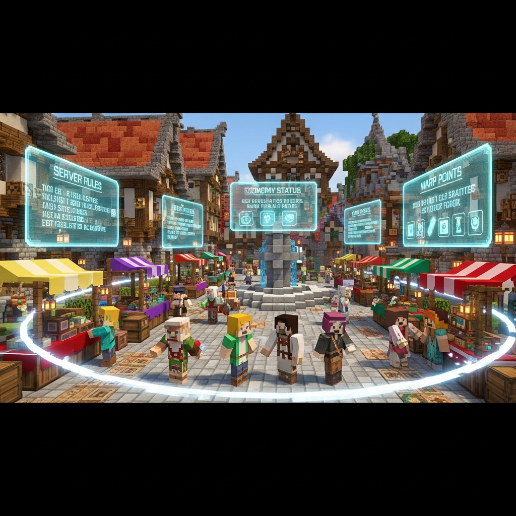 A Minecraft server spawn area protected by WorldGuard regions, with visible holographic displays showing plugin information, players interacting in a detailed medieval marketplace with custom shops powered by economy plugins