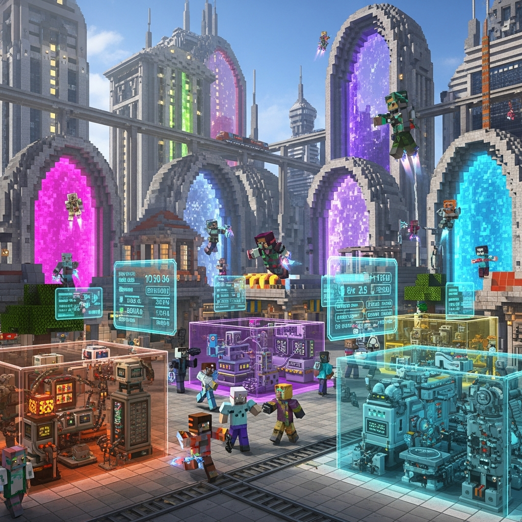 A busy modded Minecraft server community hub showing multiple players in a futuristic city-style spawn area, with holographic displays showing server information, portals to different dimension worlds, player-run shops with custom items, and advanced machinery visible in protected claim areas