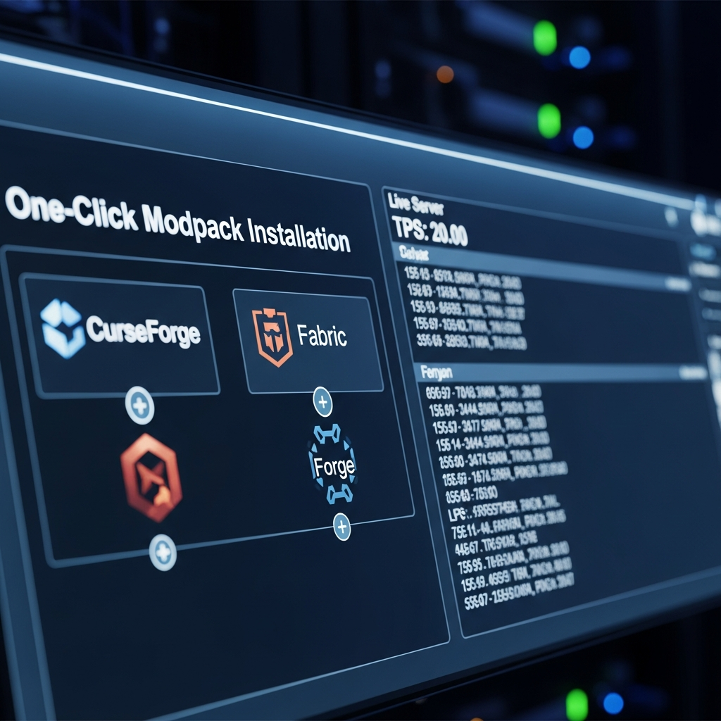 A close-up of a modern server control panel interface showing one-click modpack installation options, with logos of CurseForge, Fabric, and Forge visible, alongside a live server console displaying smooth TPS metrics, photorealistic digital interface design