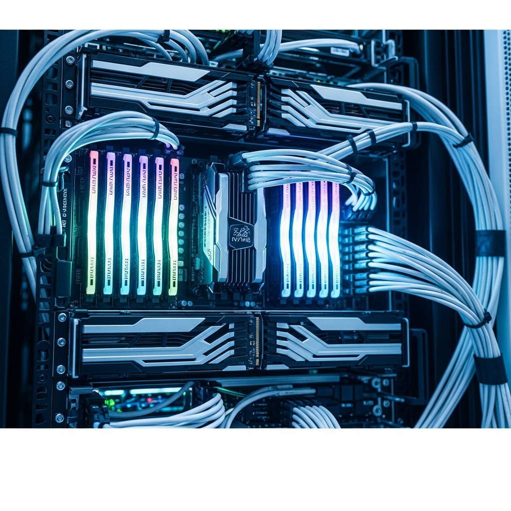 A close-up photorealistic view of server rack hardware showing high-performance components including NVMe SSD drives with visible heat spreaders, DDR5 RAM modules with RGB lighting strips, and cable management, industrial data center environment, cool blue and white lighting, sharp focus