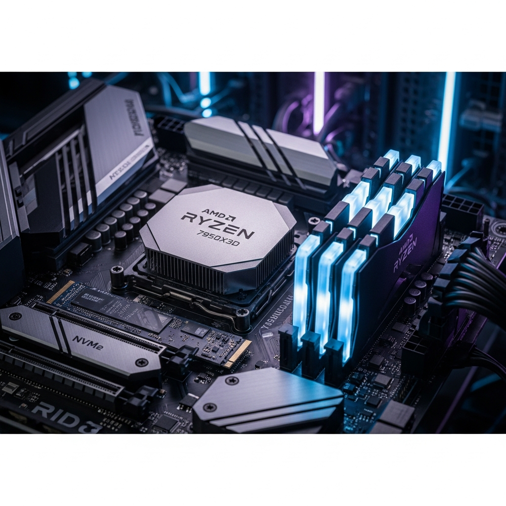 A close-up view of AMD Ryzen 9 7950X3D processor installed on a modern motherboard with DDR5 RAM modules glowing softly, NVMe SSD visible in M.2 slot, professional server rack lighting, photorealistic hardware photography