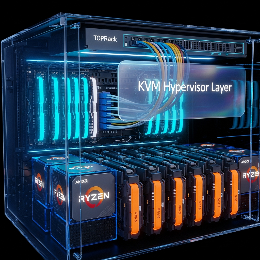 A cutaway 3D diagram of a server rack with glowing AMD Ryzen 9 CPU chips visible through transparent acrylic panels, DDR5 RAM sticks lit in cyan, NVMe drives with orange heat spreaders, fiber-optic cables connecting to a top-of-rack switch, and a holographic overlay showing "KVM Hypervisor Layer" in floating text