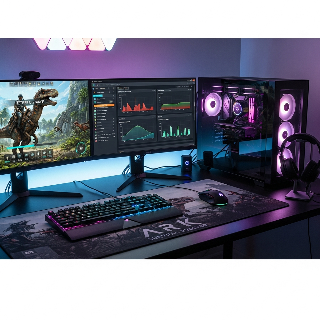 A detailed photorealistic image showing a gaming desktop setup with dual monitors displaying ARK: Survival Evolved gameplay on one screen and system resource monitoring graphs (CPU, RAM, network usage) on the other, with visible performance metrics and a tether distance indicator on the game screen