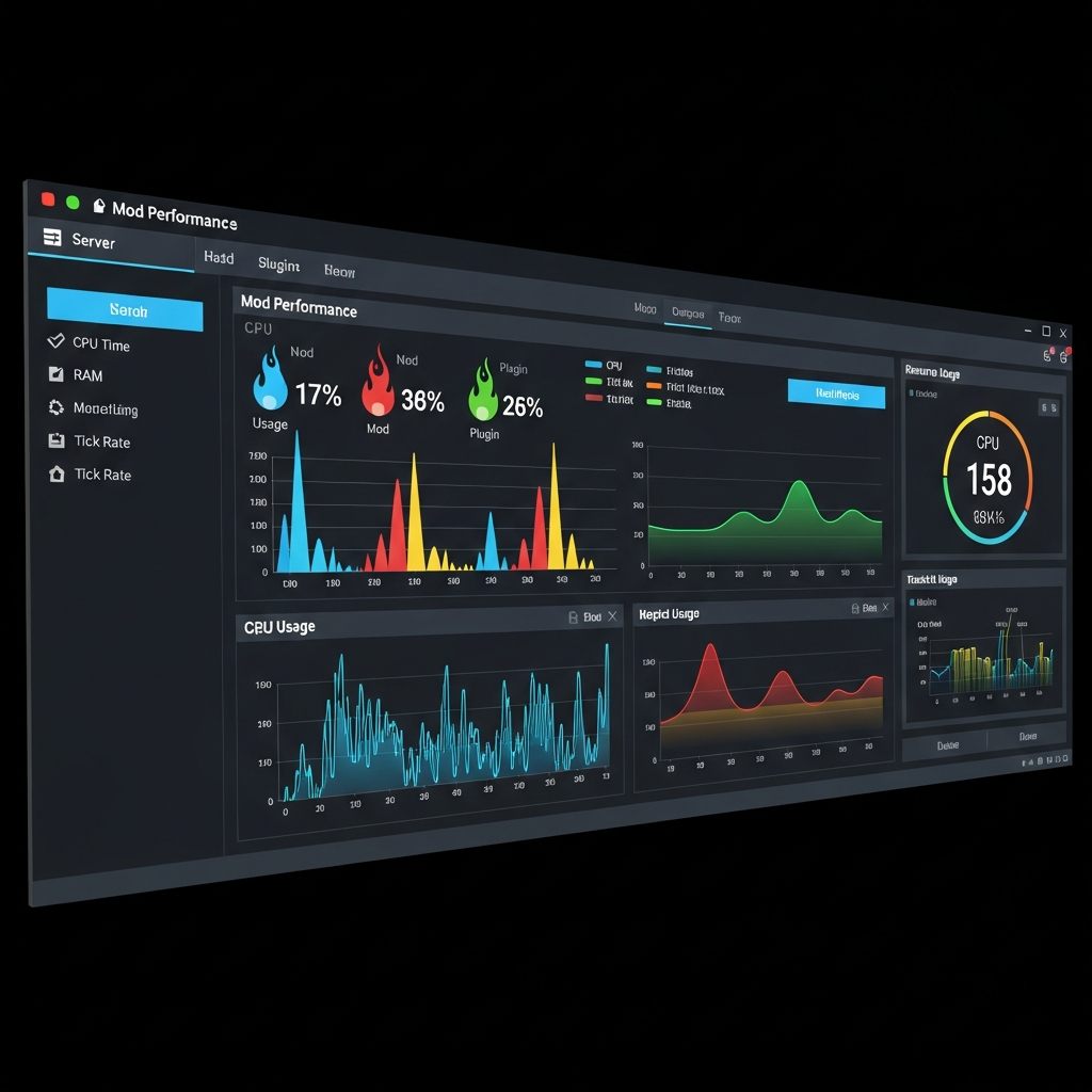 A detailed photorealistic screenshot of a Minecraft server control panel displaying mod performance metrics, flame graphs, and resource usage statistics on a modern dark-themed interface with colorful data visualizations showing CPU, RAM, and tick rate monitoring