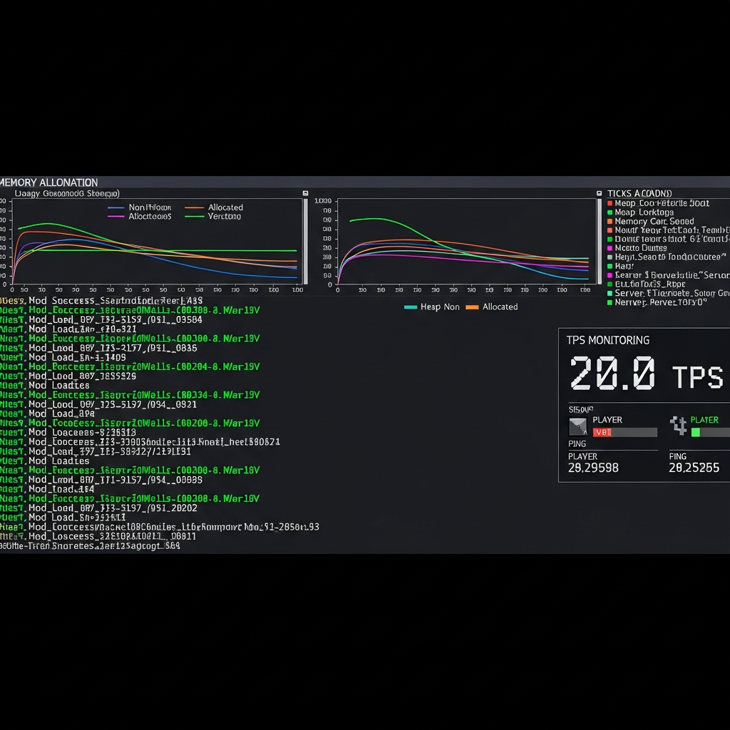A detailed screenshot of Minecraft server console showing mod loading sequence with green success messages, memory allocation graphs, and TPS monitoring overlay displaying 20.0 TPS, professional game development environment aesthetic