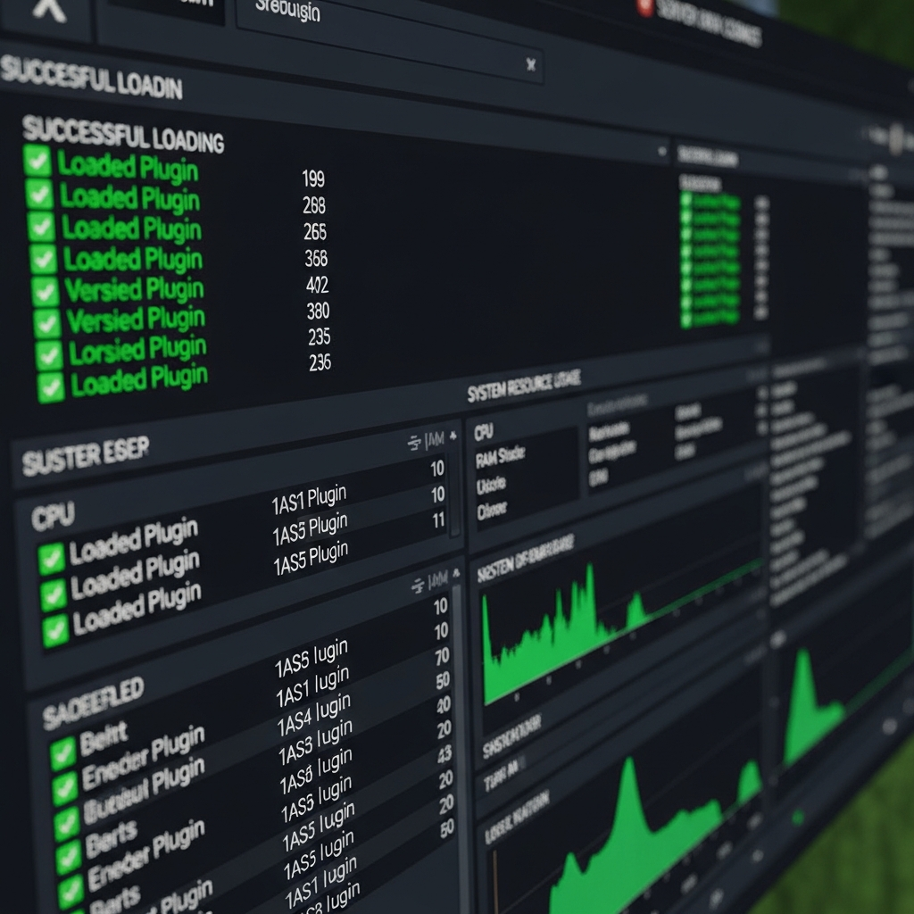 A detailed screenshot of a Minecraft server console showing successful plugin loading sequence with green checkmarks, version compatibility confirmations, and system resource usage statistics on a professional server management interface