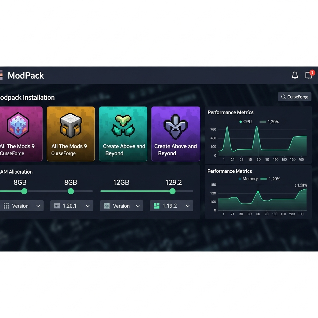 A detailed server control panel interface showing modpack installation options with CurseForge integration, displaying popular modpacks like All The Mods 9 and Create Above and Beyond with RAM allocation sliders, version selectors, and performance metrics graphs showing CPU and memory usage