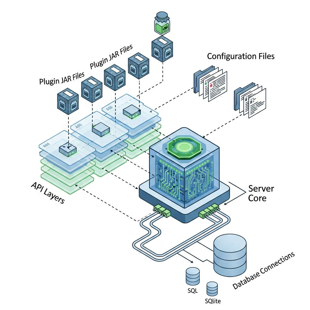 A detailed technical diagram showing Minecraft plugin architecture with labeled components including server core, API layers, plugin JAR files, configuration files, and database connections, rendered in an isometric style with clean lines and professional labeling