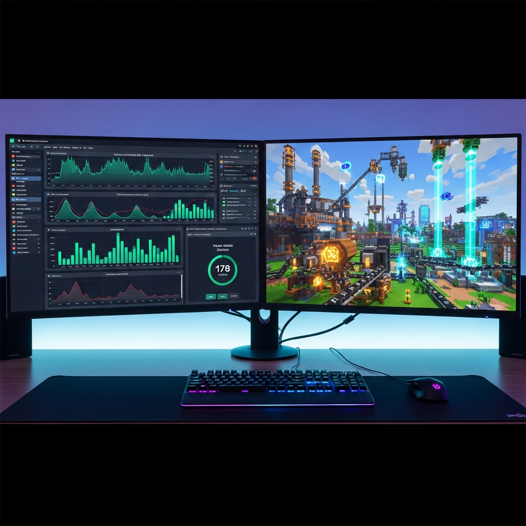 A dual monitor setup showing server monitoring dashboards with real-time graphs of TPS, RAM usage, and player count on one screen, and a Minecraft modded world with industrial machinery and magical effects on the other, professional gaming setup with LED backlighting
