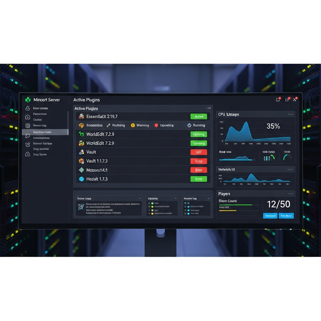 A modern Minecraft server control panel dashboard displaying active plugins list with version numbers, status indicators, and performance metrics on a high-resolution monitor in a professional server hosting environment