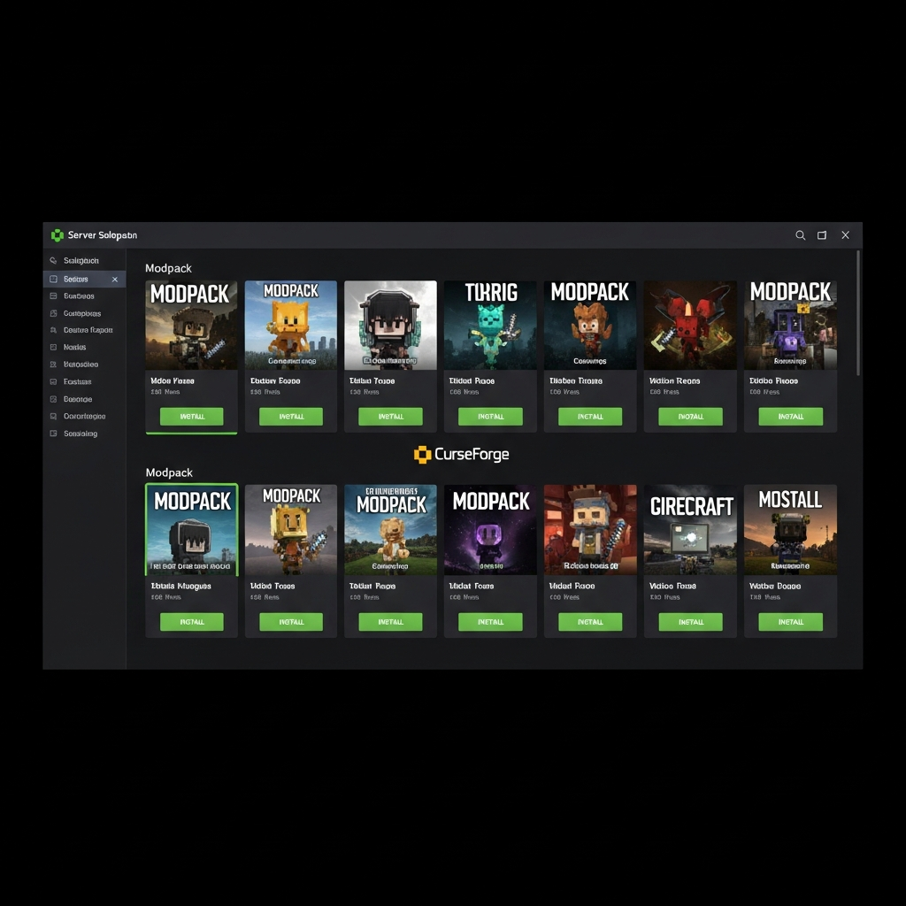 A modern server control panel dashboard showing Minecraft modpack selection interface with CurseForge integration, multiple modpacks displayed as cards with install buttons, clean dark UI theme, photorealistic screen capture