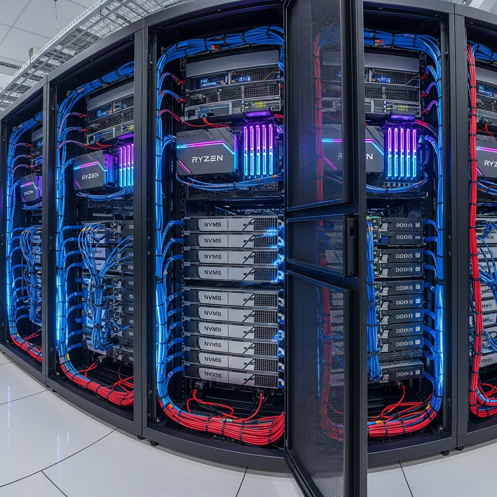 A modern server rack datacenter with rows of high-performance AMD Ryzen servers featuring RGB lighting and cable management, showing NVMe SSD arrays and DDR5 RAM modules installed, professional technology photography with depth of field