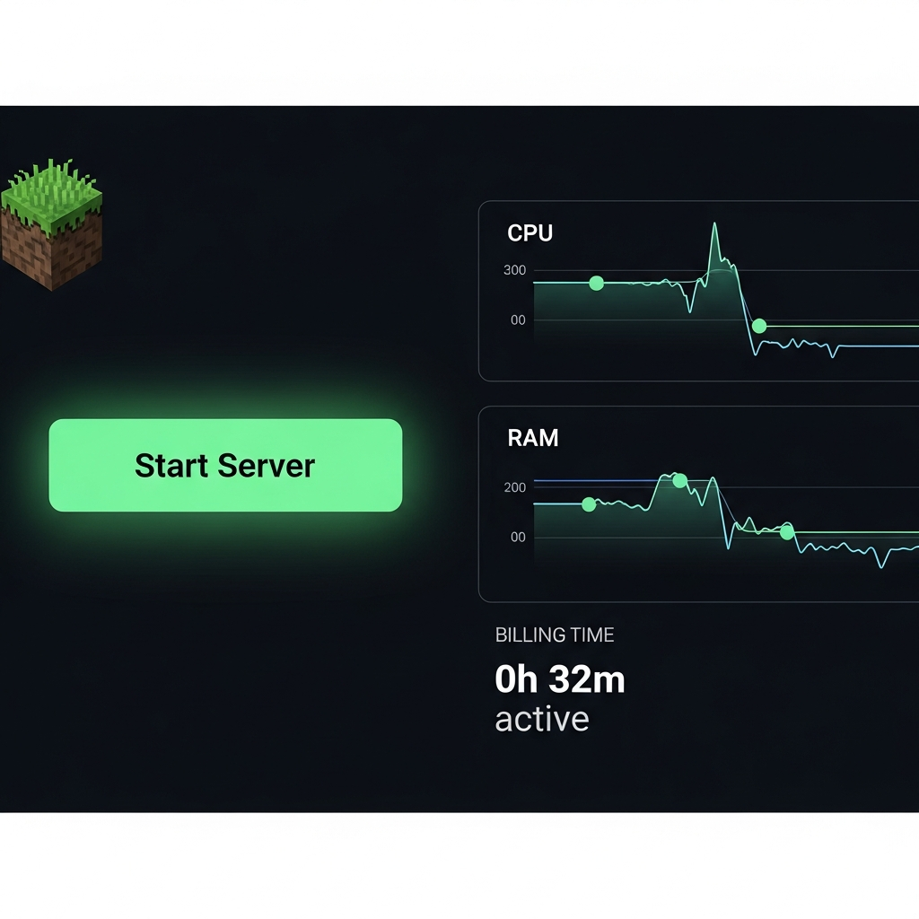 A modern web dashboard displaying a single large "Start Server" button glowing green, with real-time CPU and RAM usage graphs on the right, a Minecraft grass block icon in the top-left corner, and a billing timer showing "0h 32m active" on a dark-themed interface