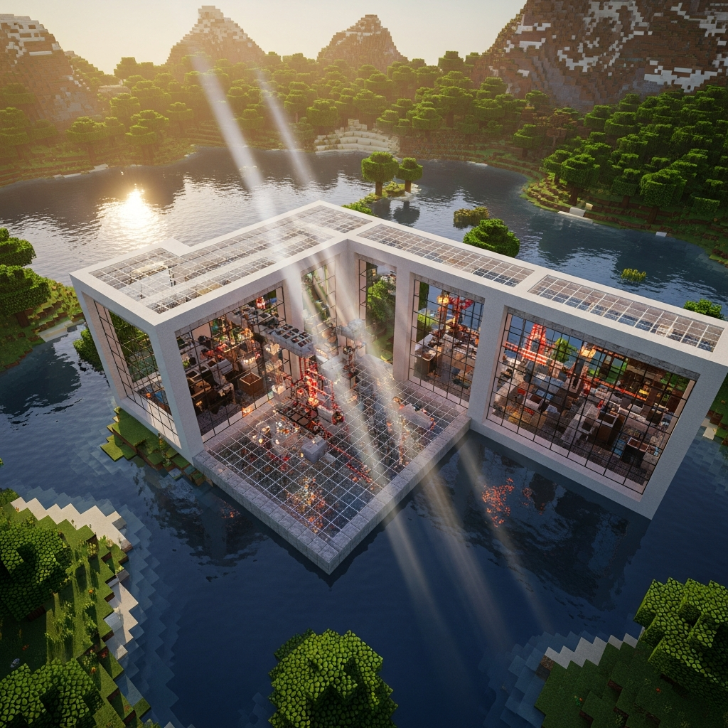 A photorealistic bird's-eye view of a modern Minecraft base with detailed shaders showing realistic water reflections, volumetric lighting through windows, intricate redstone contraptions visible through glass floors, surrounding landscape with forests and mountains, golden hour lighting, cinematic composition