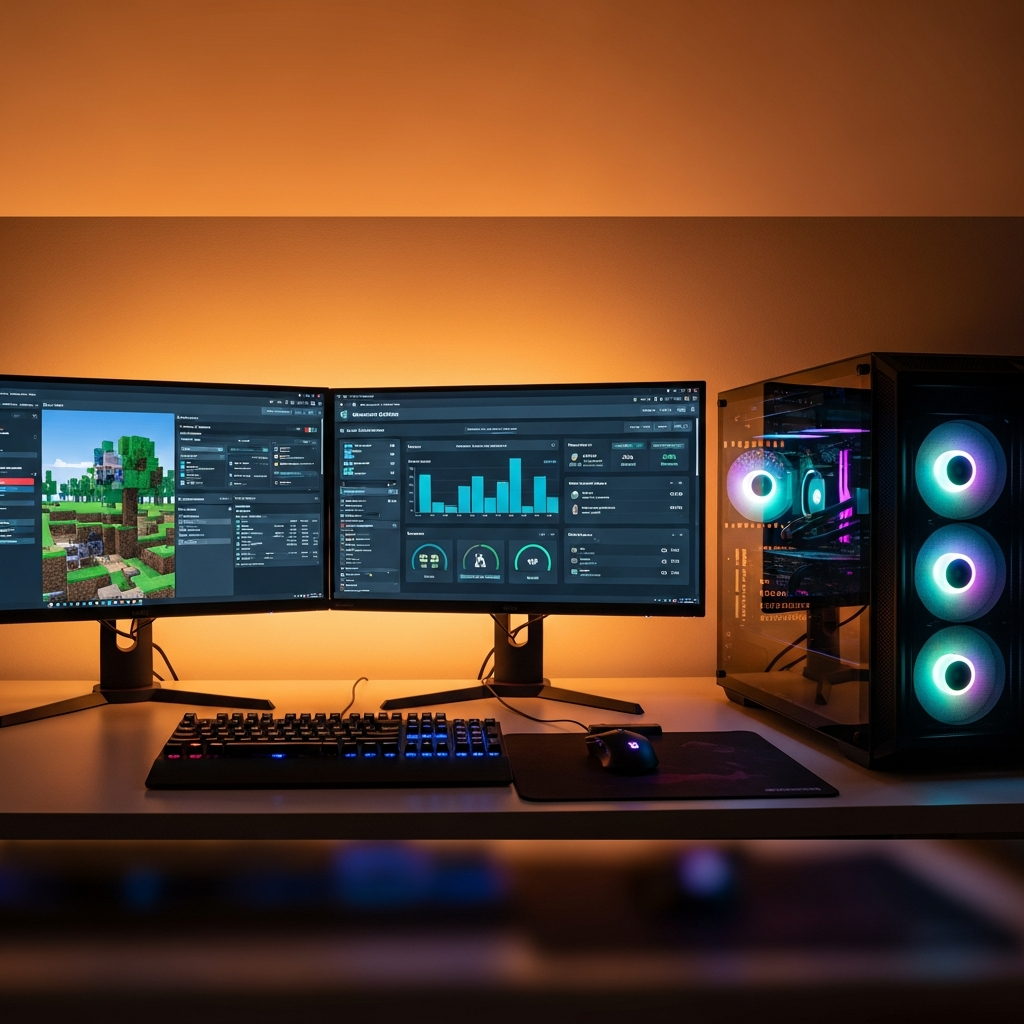 A photorealistic desktop setup showing a modern gaming PC with dual monitors displaying a Minecraft server control panel interface on one screen and a server status dashboard with player count graphs and resource usage metrics on the other, warm ambient lighting, shallow depth of field